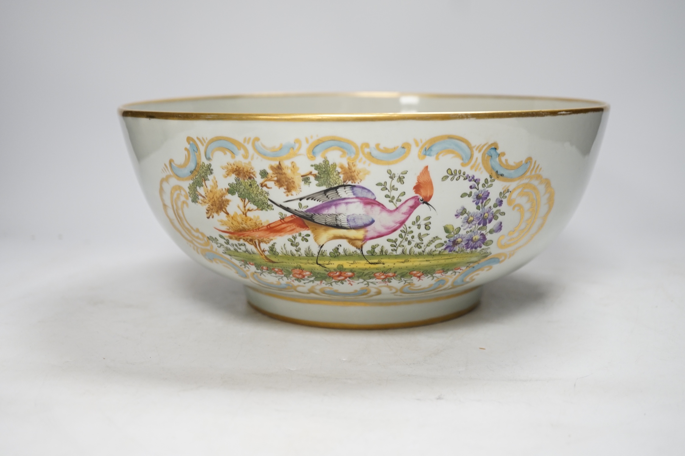 A large Continental Chelsea style floral painted bowl, 28cm diameter